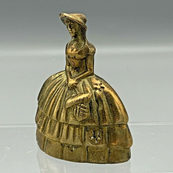 Vintage Brass Bell Southern Belle Lady Holding Basket of Flowers Crinoline Dress - Picture 4 of 9